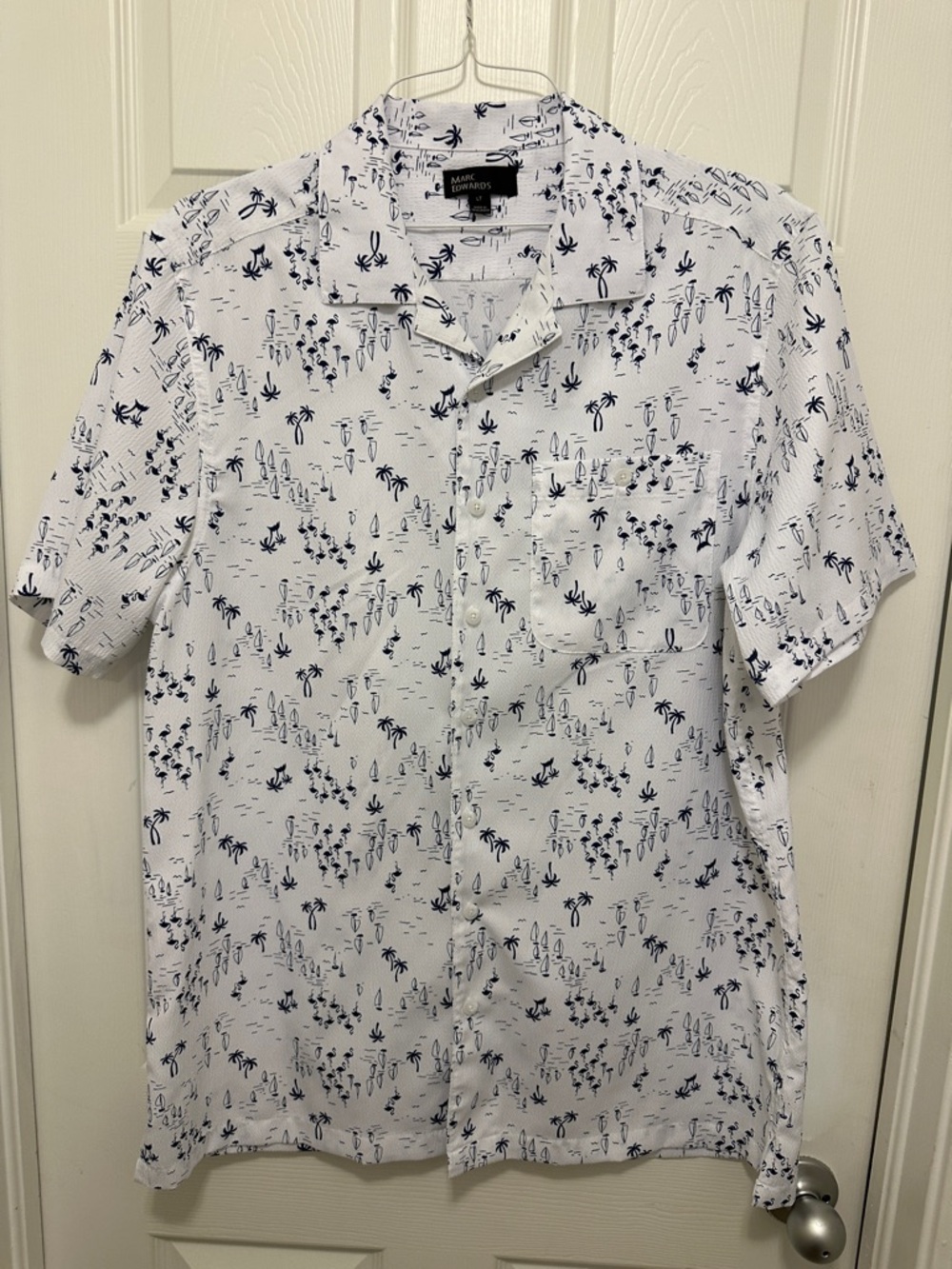 Marc Edwards Short-Sleeve White Button-Down Shirt with Navy Tropical Print